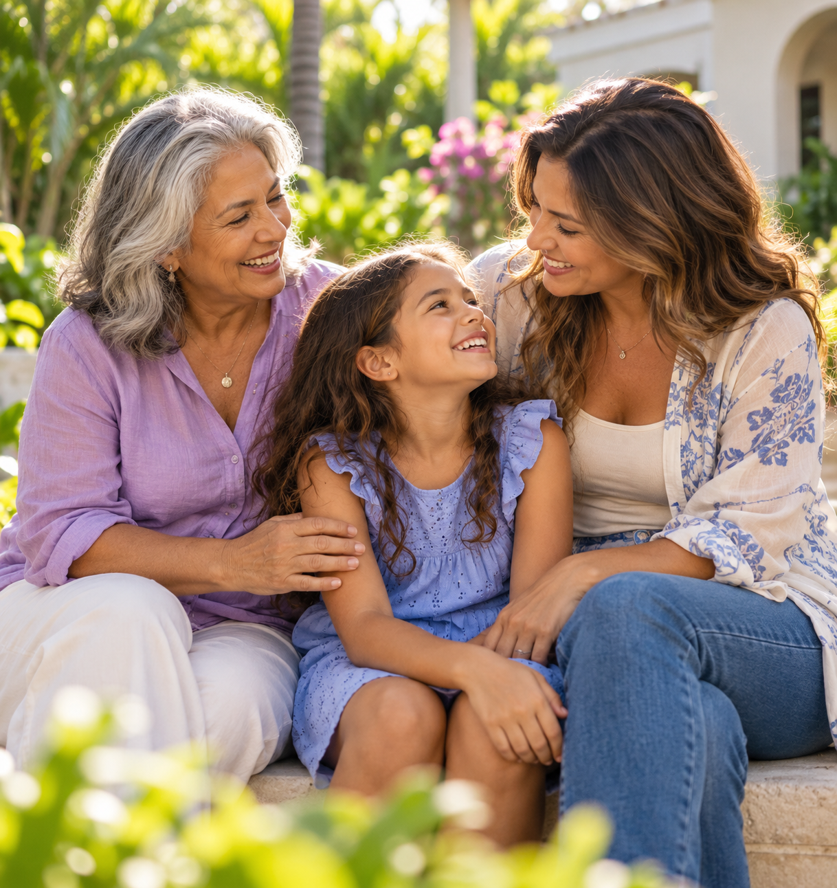 Illustrative family sharing a joyful moment in a sunlit garden